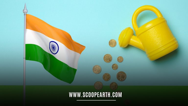 Indian flag with coins shower by a water can