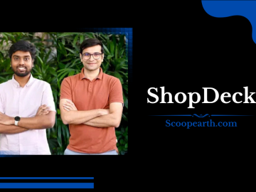Two men smiling, ShopDeck logo and website
