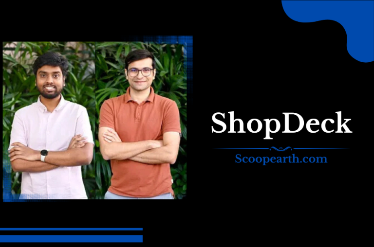 Two men smiling, ShopDeck logo and website